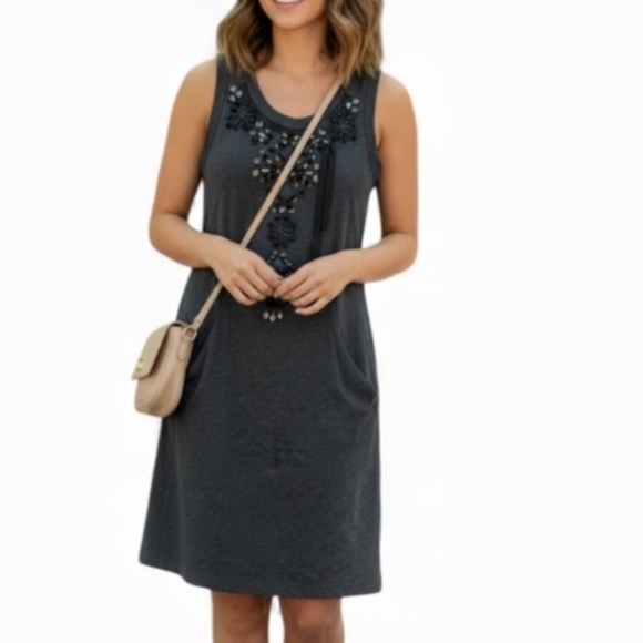 2 Ten Dresses & Skirts - Gray Sleeveless Beaded Mini Dress with 2 Front Pockets